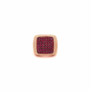 Anello chevalier in oro 18 kt e zirgoni rossi