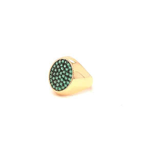 Anello chevalier in oro giallo e zirgoni verdi