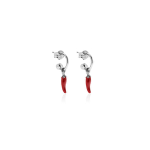 Orecchini Cerchio Piccolo con Charm Peperoncino Mini Portafortuna in Argento 925 e Smalto Rosso